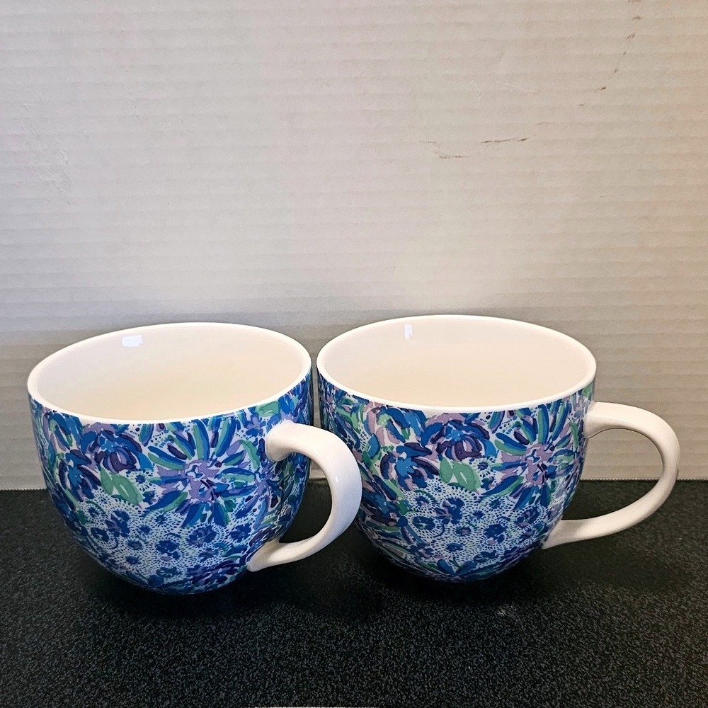 Lilly Pulitzer Ceramic Coffee Mug Set of 2 Blue Purple Floral Pattern Oversized